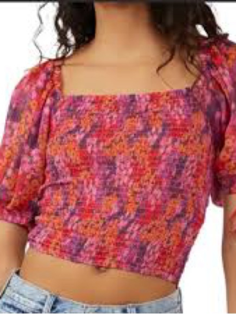 Free People Multi Pink Orange Smocked Square Neck Crop Top Size XL